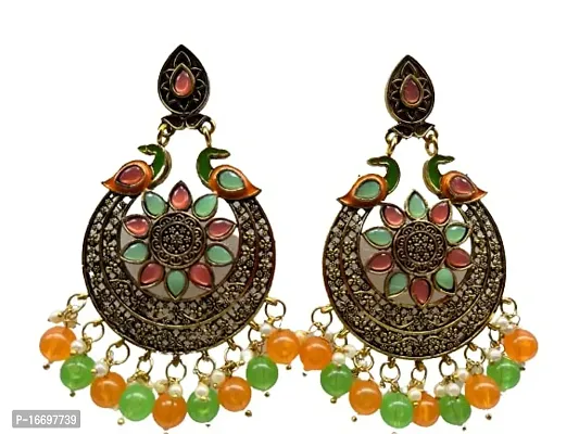 SIPSA Trendy Kundan Heavy Colorfull Earrings for womens and girls (Orange,Green)-thumb4