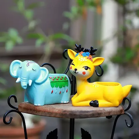 THE MLS Resin Flower Planter Pots Set of 2 Elephant and Deer Planters