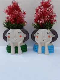 The MLS Resin Pots Set of 2 Cute Blue and Green Thinking Girl Pot for Home Decor(Indoor/Outdoor/Cardashboard (Without Planters)-thumb1