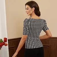 Stylish Black Knitted Polyester Houndstooth Fitted Top For Women-thumb2