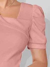 Stylish Peach Knitted Polyester Solid Fitted Top For Women-thumb4