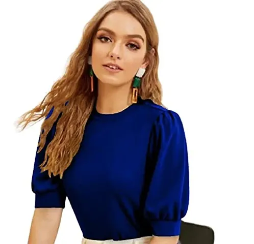 Women Casual Polyester Round Neck Puff Sleeves Stylish Top