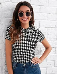 Dream Beauty Fashion Short Sleeve Polyester Blend Mock Neck Houndstooth Print Form Fitted Tee (23 Inches)-thumb1