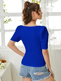 Stylish Blue Knitted Polyester Solid Fitted Top For Women-thumb1