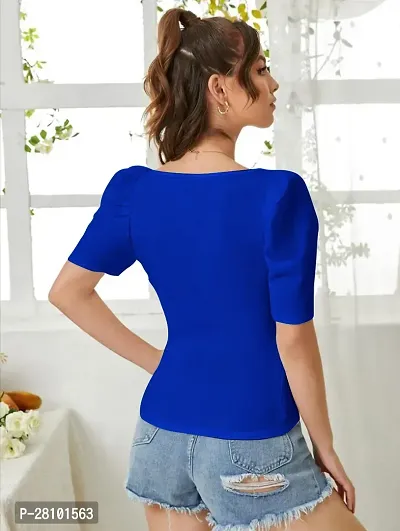 Stylish Blue Knitted Polyester Solid Fitted Top For Women-thumb2