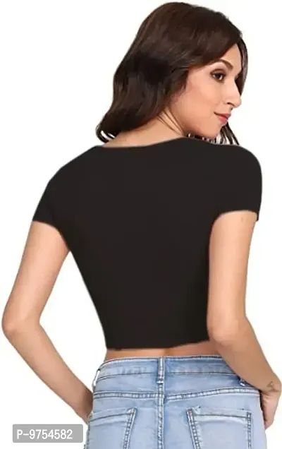 Fashion Casual Short Sleeves Ribbed Round Neck Polyester Blend Crop Top-thumb5