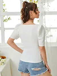 Stylish White Knitted Polyester Solid Fitted Top For Women-thumb2