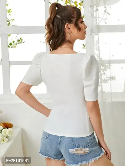 Stylish White Knitted Polyester Solid Fitted Top For Women-thumb3