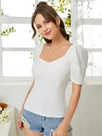 Stylish White Knitted Polyester Solid Fitted Top For Women-thumb1