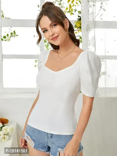 Stylish White Knitted Polyester Solid Fitted Top For Women-thumb2