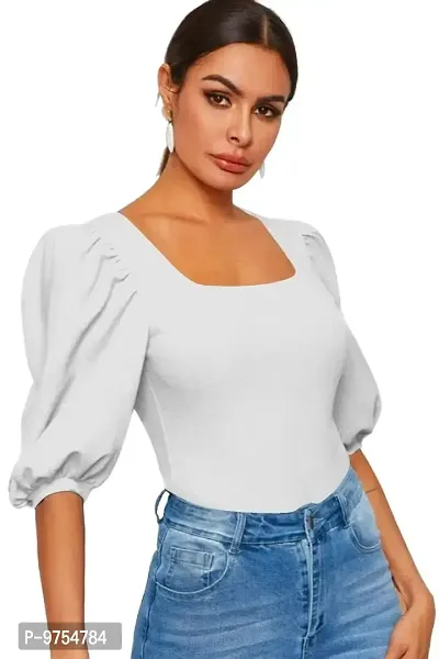 Dream Beauty Fashion Women's Puff/Baloon Sleeves Square Neck Casual Top (Top-EVA-2)