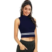 Elegant Navy Blue Cotton Hosiery Striped Crop Top For Women-thumb2