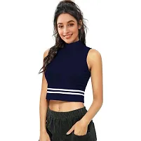 Elegant Navy Blue Cotton Hosiery Striped Crop Top For Women-thumb1