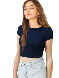 Elegant Navy Blue Cotton Hosiery Solid Crop Top For Women-thumb1