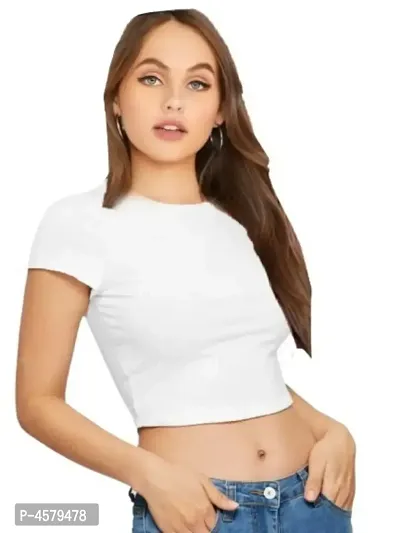 Elegant White Cotton Hosiery Solid Crop Top For Women-thumb2