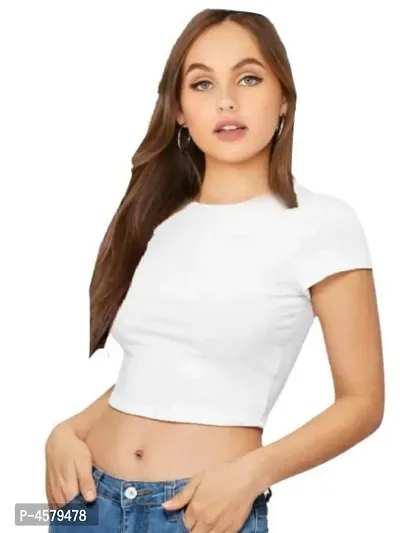 Elegant White Cotton Hosiery Solid Crop Top For Women-thumb0