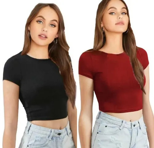 Pack of 2 Cotton Round Neck Crop Length Solid Tops Collection