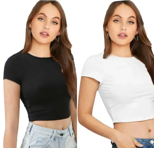 Pack of 2 Cotton Round Neck Solid Crop Length Tops Collection