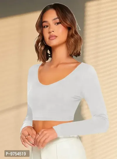 Women Casual Full Sleeves Ribbed Round Neck Polyster Blend Crop Top-thumb2