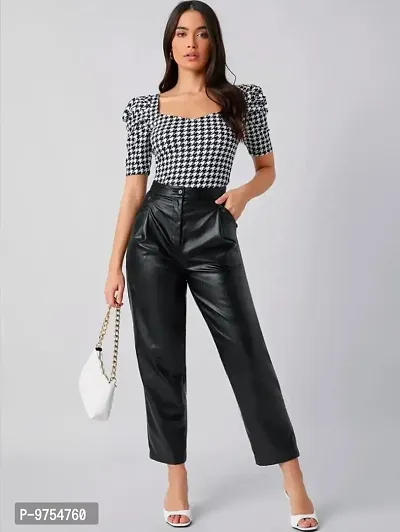 Dream Beauty Fashion Puff Sleeve Polyester Blend Sweetheart Neck Houndstooth Print Form Fitted Black Tee (23 Inches)-thumb3