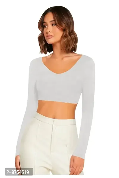 Women Casual Full Sleeves Ribbed Round Neck Polyster Blend Crop Top