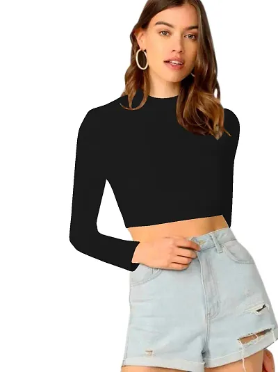 Women Polyester Blend Round Neck Full Sleeves Stylish Crop Top