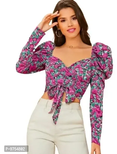 Dream Beauty Fashion Gigot Sleeve Polyester Blend Sweetheart Neck All-Over Floral Print Tie-Front Fitted Wrap Cropped Pink Tee (15 Inches Approx)-thumb0