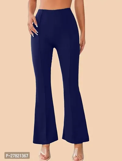 Elegant Navy Blue Polyester Solid Trousers For Women