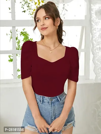 Stylish Maroon Knitted Polyester Solid Fitted Top For Women-thumb3