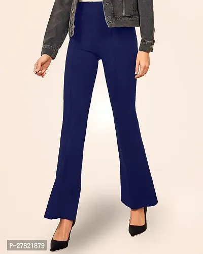 Elegant Navy Blue Polyester Solid Trousers For Women-thumb0