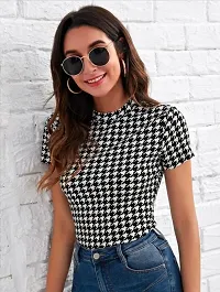 Dream Beauty Fashion Short Sleeve Polyester Blend Mock Neck Houndstooth Print Form Fitted Tee (23 Inches)-thumb2