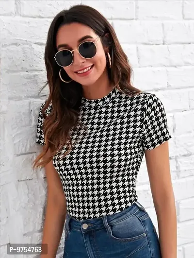 Dream Beauty Fashion Short Sleeve Polyester Blend Mock Neck Houndstooth Print Form Fitted Tee (23 Inches)-thumb3