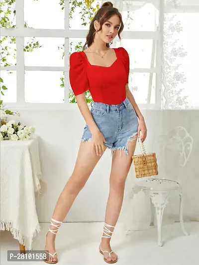 Stylish Red Knitted Polyester Solid Fitted Top For Women-thumb4