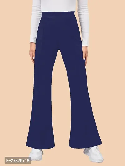 Elegant Navy Blue Polyester Solid Trousers For Women-thumb0