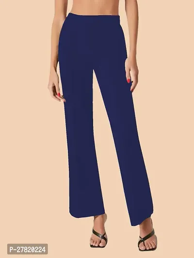 Elegant Navy Blue Polyester Solid Trousers For Women-thumb0