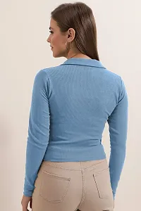 Stylish Blue Polyester Solid Shirt Collar Top For Women-thumb1