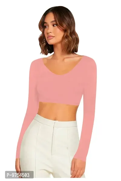 Women Casual Full Sleeves Ribbed Round Neck Polyster Blend Crop Top
