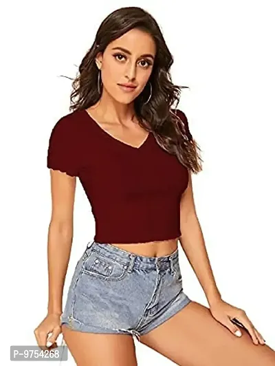 Dream Beauty Fashion Women's Casual V-Neck Short Sleeves Crop Top (17 Inches)-thumb4