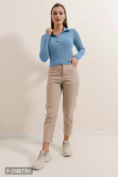 Stylish Blue Polyester Solid Shirt Collar Top For Women-thumb4