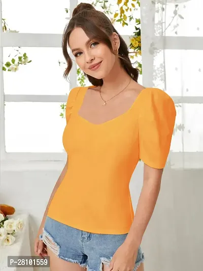 Stylish Yellow Knitted Polyester Solid Fitted Top For Women-thumb5