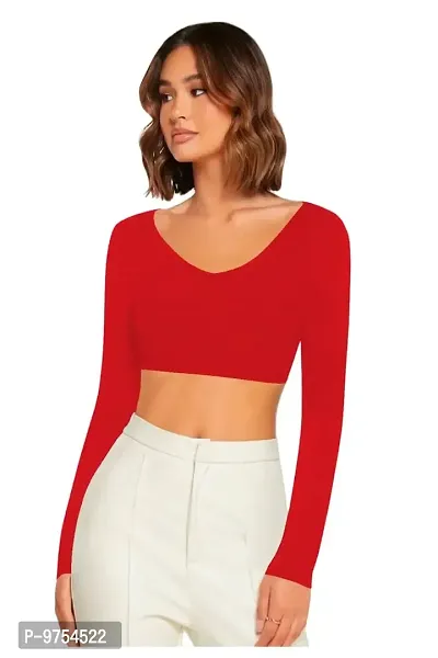 Women Casual Full Sleeves Ribbed Round Neck Polyster Blend Crop Top-thumb0