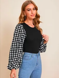 Stylish Black Knitted Polyester Houndstooth Top For Women-thumb1