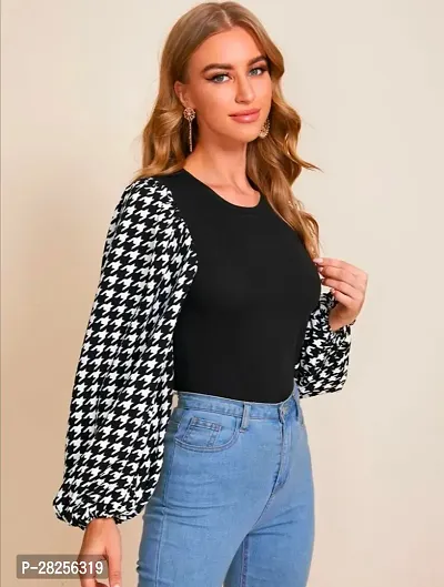 Stylish Black Knitted Polyester Houndstooth Top For Women-thumb2