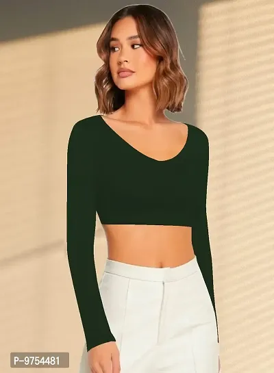 Women Casual Full Sleeves Ribbed Round Neck Polyster Blend Crop Top-thumb5