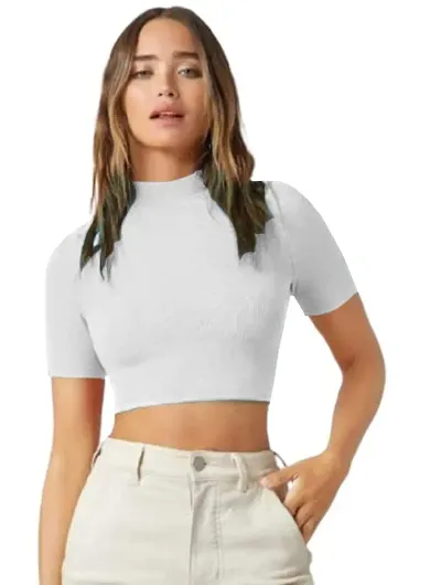 Dream Beauty Fashion Women's Casual Solid Crop Top Short Sleeves High-Neck (15"" Inches Approx)