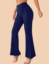 Elegant Navy Blue Polyester Solid Trousers For Women-thumb1