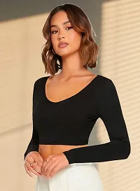 Women Casual Full Sleeves Ribbed Round Neck Polyster Blend Crop Top-thumb1