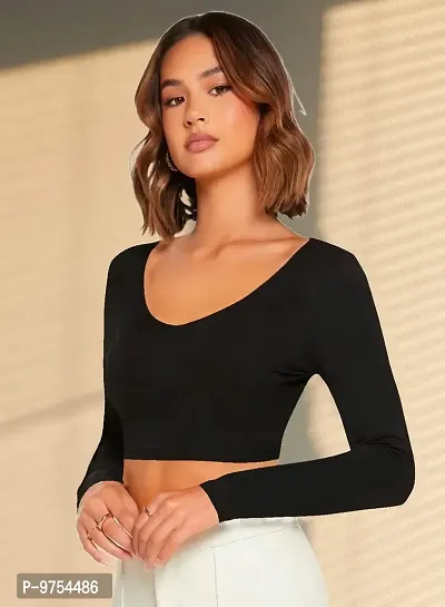 Women Casual Full Sleeves Ribbed Round Neck Polyster Blend Crop Top-thumb2