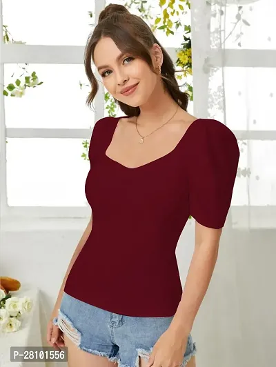 Stylish Maroon Knitted Polyester Solid Fitted Top For Women-thumb5