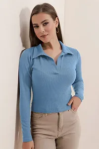 Stylish Blue Polyester Solid Shirt Collar Top For Women-thumb2